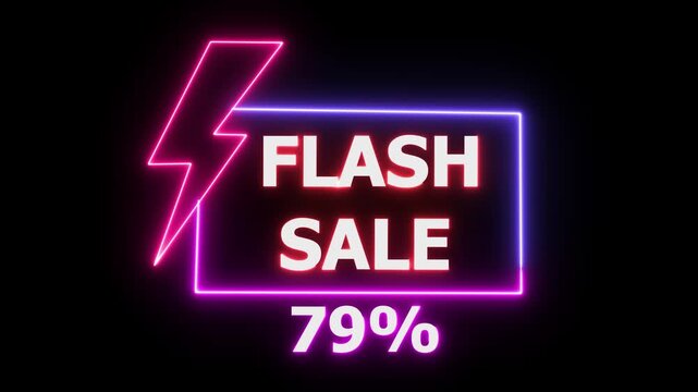 Neon flash sale banner with lightning bolt and 79 percent discount glowing vibrant pink and purple on black background