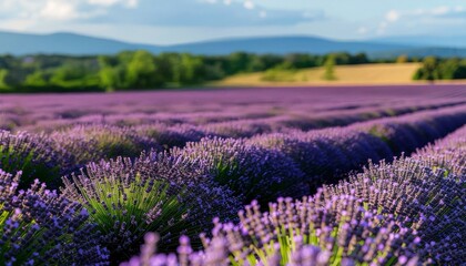 Fototapeta premium Stunning Rows of Vibrant Purple Lavender Blooming in a Picturesque Summer Field Landscape