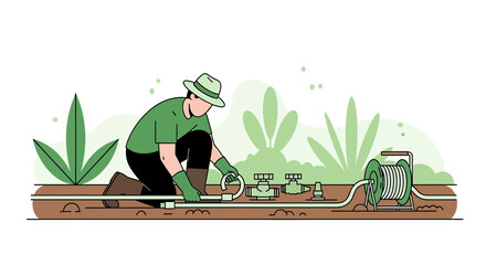 Gardener Installing Irrigation System in Garden Bed