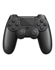 An isolated close-up of a contemporary, black video game controller. Includes buttons, joysticks, and a touchpad on a white background