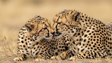 Naklejka premium Cheetah Family Lying Together in Savanna.