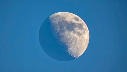 A close-up of the moon's surface against a clear blue sky