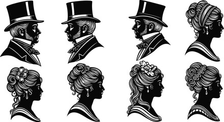 Victorian silhouette portrait illustration set, eight black icons man top hat mustache suit woman hairstyle feather bow fashion design, vector artwork, cultural ©  BAKKOR
