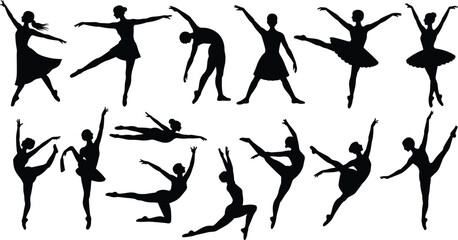 Silhouettes of Ballerinas Performing Various Dance Moves in Black and White ballet poses © Hey there
