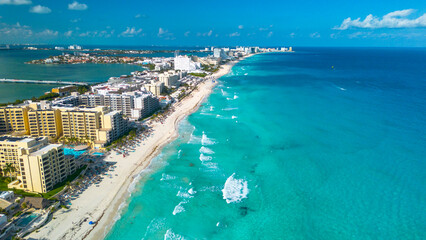 Fototapeta premium Aerial Drone View of Luxury Tropical Resort Peninsula with Turquoise Caribbean Water 