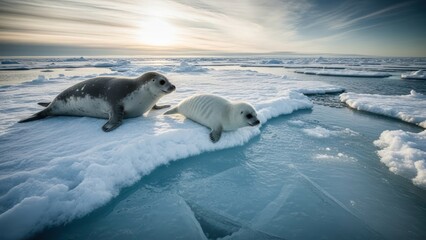 Fototapeta premium Seals on Iceberg in Polar Ocean.