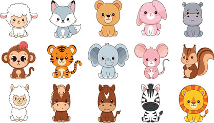 Obraz premium Kawaii baby animal character megaset with tiger lion elephant and alpaca for nursery decor and children's educational branding