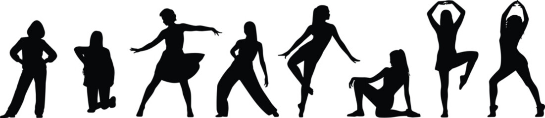 Silhouettes of women performing various dance and yoga poses against a white background