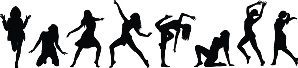 Silhouettes of women performing various dance poses in black and white