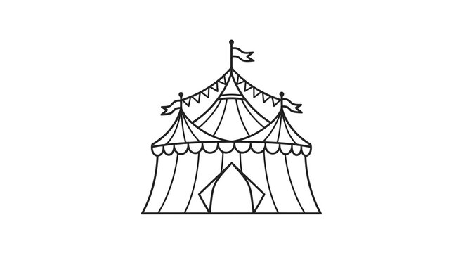 A simple line drawing of a large tent with multiple poles and flags on top.
