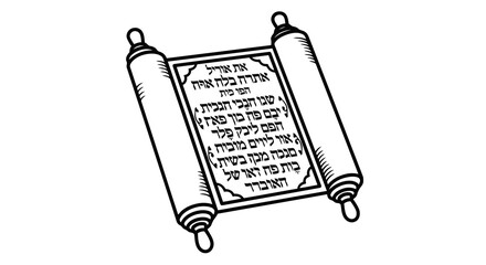 An illustration of a torah scroll with text on a white background and decorative rollers.