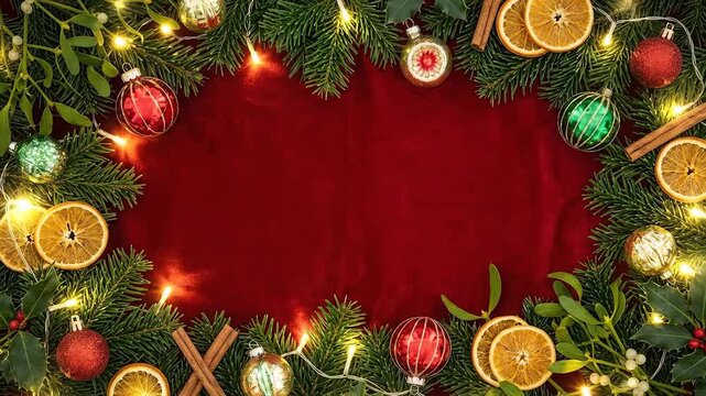 Festive Christmas Border with Ornaments with Lights, and and Oranges.