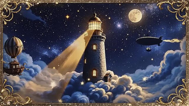 Whimsical lighthouse shining brightly under starry night sky with hot air balloon and blimp.