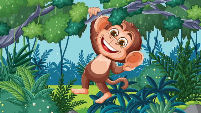 Smiling Cartoon Monkey Swinging on Jungle Vine