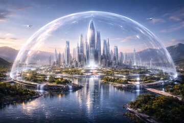 Fototapeta premium Futuristic City Under a Protective Energy Dome, Surrounded by Water and Lush Greenery, with Advanced Aircraft Flying