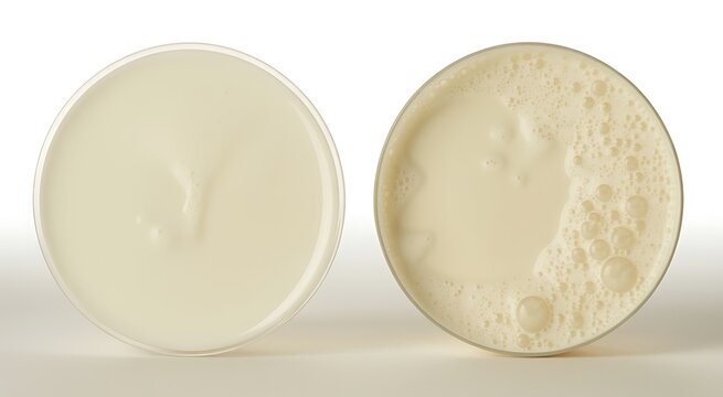 Two glasses of creamy milk or yogurt with bubbles.