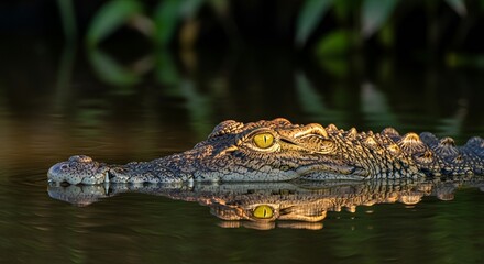 Fototapeta premium A large crocodile swims quietly in murky water with its eyes and scaly head above the surface.