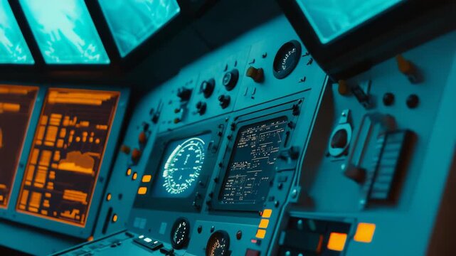 Spaceship cockpit control panel featuring multiple screens with glowing displays and buttons, indicating advanced technology for navigation and operational management