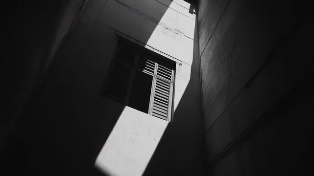 Architectural detail of an old building facade featuring a window with wooden shutters, contrasting light and deep shadows highlighting graphic minimalism and dramatic mood