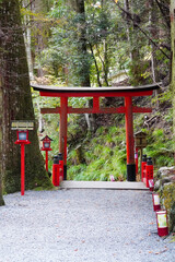 貴船神社の鳥居と朱塗りの灯籠の並ぶ参道