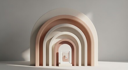 Fototapeta premium Elegant minimalist design featuring a succession of nested geometric archways in soft, muted pastel and earthy tones, forming a modern architectural tunnel with tranquil depth