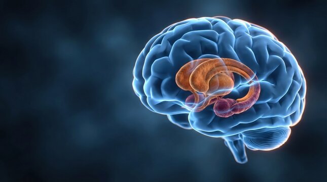 A 3D rendering of the human brain, highlighting the basal ganglia and limbic system structures in orange and pink.