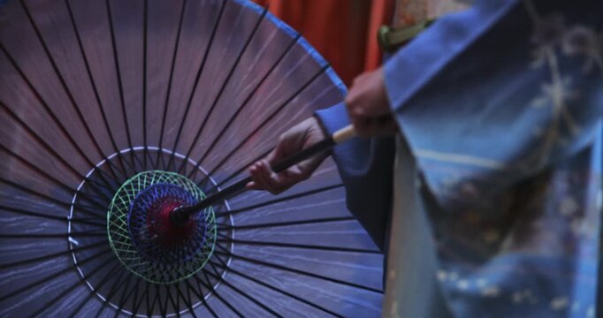 Close up, slow motion shot of Japanese woman in kimono spinning her umbrella and resting it on her shoulder
