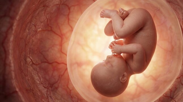A detailed 3D illustration of a developing human fetus inside the amniotic sac, showcasing its intricate anatomy and the surrounding placental environment.