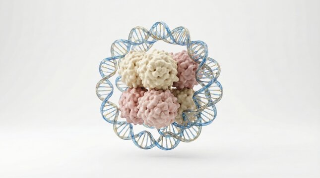 3D rendering of a nucleosome, the basic structural unit of DNA packaging, showing DNA wrapped around a histone protein core.