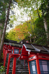 京都貴船神社の参道の朱塗りの灯籠