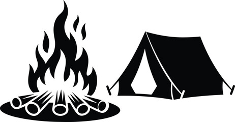 Black and white of a campfire and a tent in a camping scene © Hey there