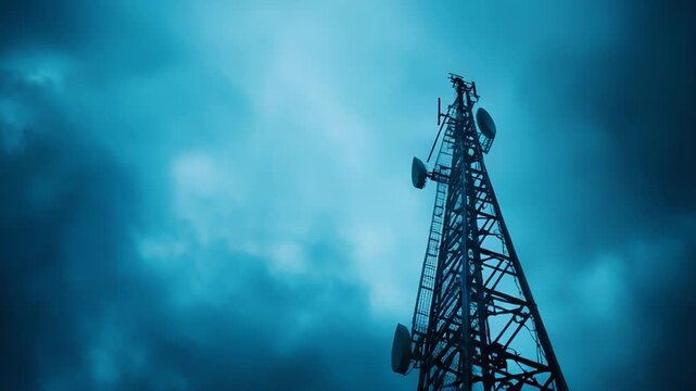 Telecommunications tower standing tall against a dramatic dark blue sky, actively providing essential connectivity and broadcasting services for modern communication infrastructure