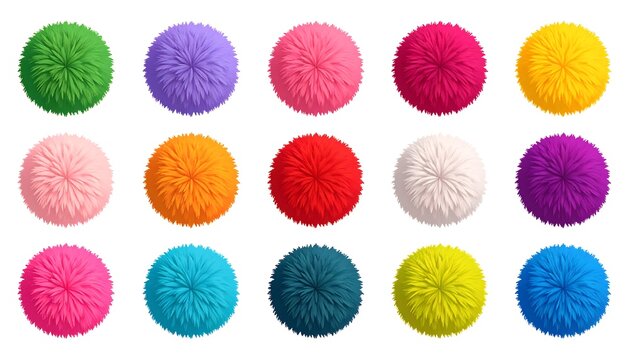 A collection of 16 colorful pom-poms on a white background