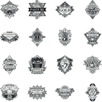 Pack of Fresh and Organic Food Label Vintage Illustrations 
