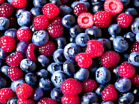Fresh blueberries and raspberries with healthy food background.