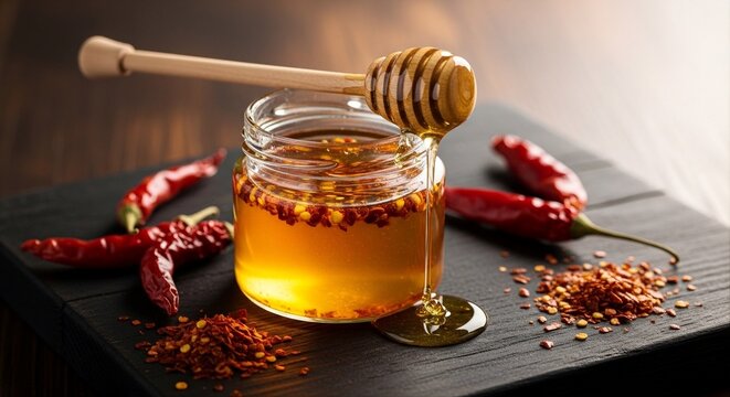 A glass jar of golden honey infused with red chili peppers and dried chili flakes, with a wooden honey dipper on a dark rustic board.