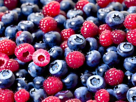 Fresh blueberries and raspberries with healthy food background.