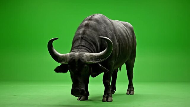 A large dark buffalo with impressive horns standing on a vibrant green screen background, looking downwards.