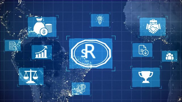 animated Trademark protection and legal compliance with SRV icon, copyright law, patent check, property rights, and branding regulation enforcement Marrow animation on the drack background