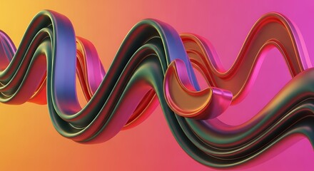 Abstract, glossy, ribbon-like structure with iridescent colors against a vibrant gradient