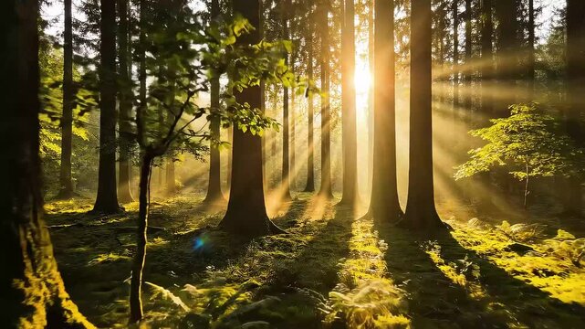 Peaceful forest morning with birds implied background