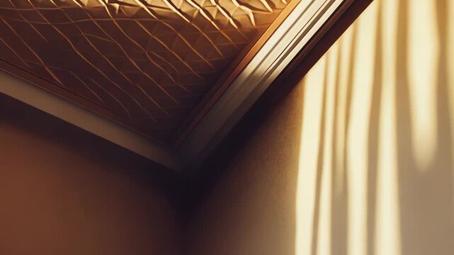 Golden sunlight creating abstract shadows and geometric patterns on a textured ceiling and wall, highlighting the architectural details and warm, inviting atmosphere indoors