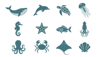 Comprehensive collection of marine animal silhouettes and icons, perfect for ocean-themed designs and aquatic branding projects