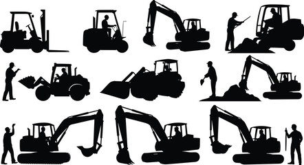 Black silhouette collection of excavators, loaders, forklift, operators driving, construction workers with shovel pointing gesturing heavy machinery vector illustration set. © Iqbal creative 