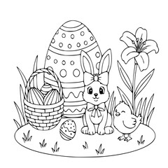 Fototapeta premium Cute Easter Bunny with Bow and Chick Coloring Page, Spring Garden with Easter Egg Basket and Lily Flowers, Holiday Activity for Kids Line Art