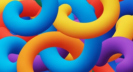 Abstract vibrant 3D torus shapes in a chaotic arrangement, showcasing a spectrum of colors