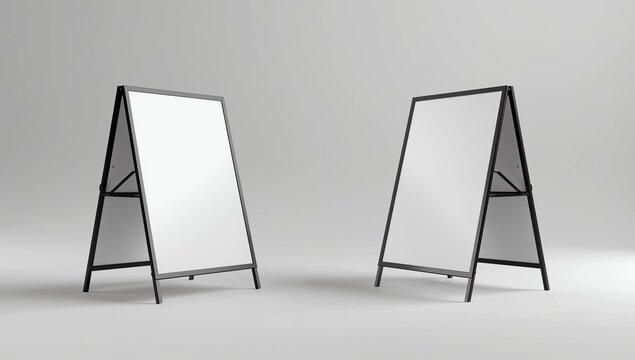 Blank white square A frame metallic outdoor advertising sandwich stand mockup set, isolated, 3d rendering. Clear street signage board mock up. A-board with metal frame template