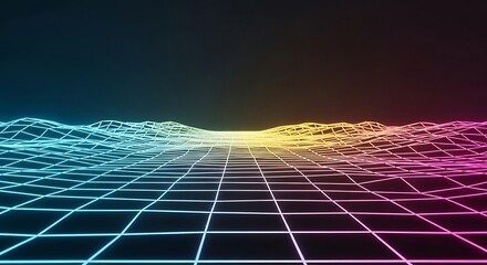Abstract, vibrant, glowing grid landscape with blue, purple, and yellow neon colors