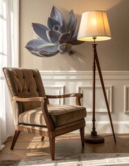 A cozy corner with chair, lamp, and decorative wall art