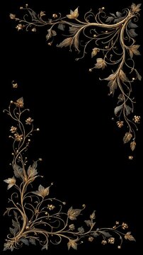 Delicate Elvish fantasy border with ultra-thin golden filigree lines, flowing vine and leaf motifs, symmetrical ornate corners, subtle curves and knots, fine airy design isolated on black background